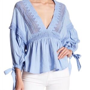 Free People Sky Blue V-Neck Blouse with Lace Accents